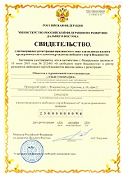 Свидетельство удостоверяющее регистрацию юридического лица в качестве резидента свободного порта Владивосток